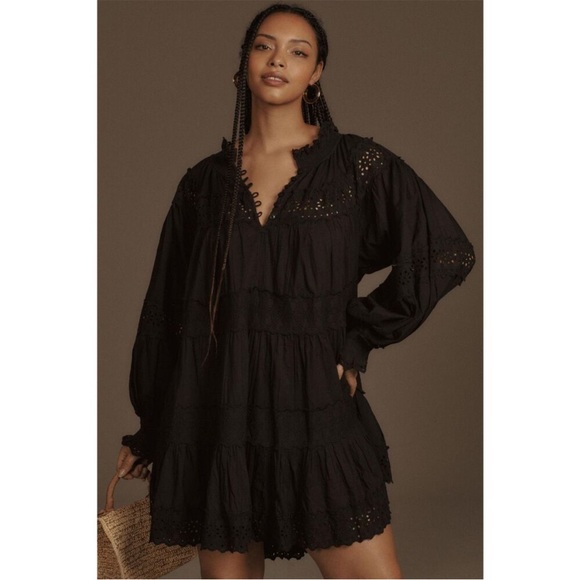 Anthropologie Maeve Long-Sleeve Lace Mini Dress Black Size Medium - Picture 2 of 5